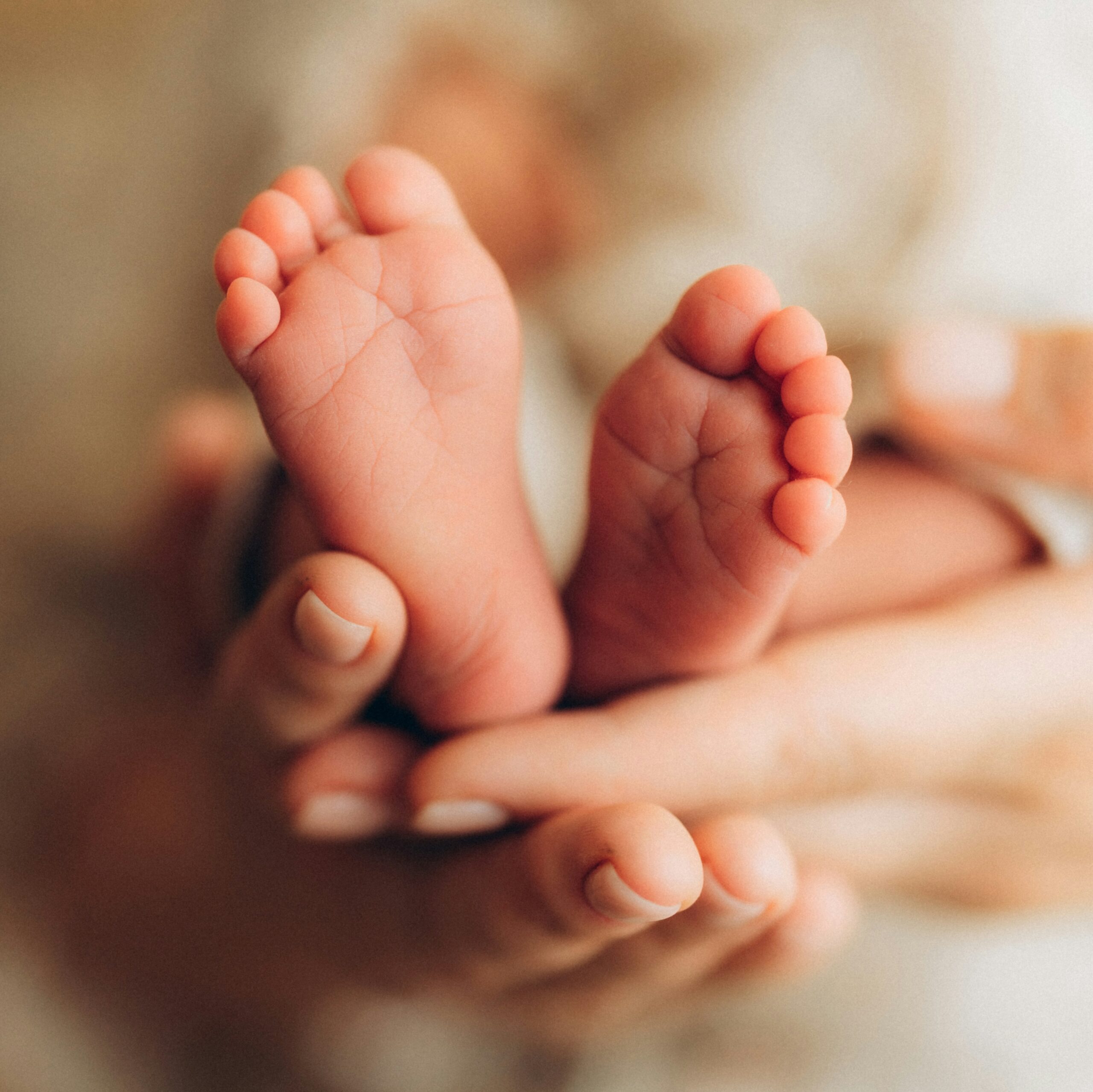 Image de pieds de bébé dans une main de femme avec le fond flouté