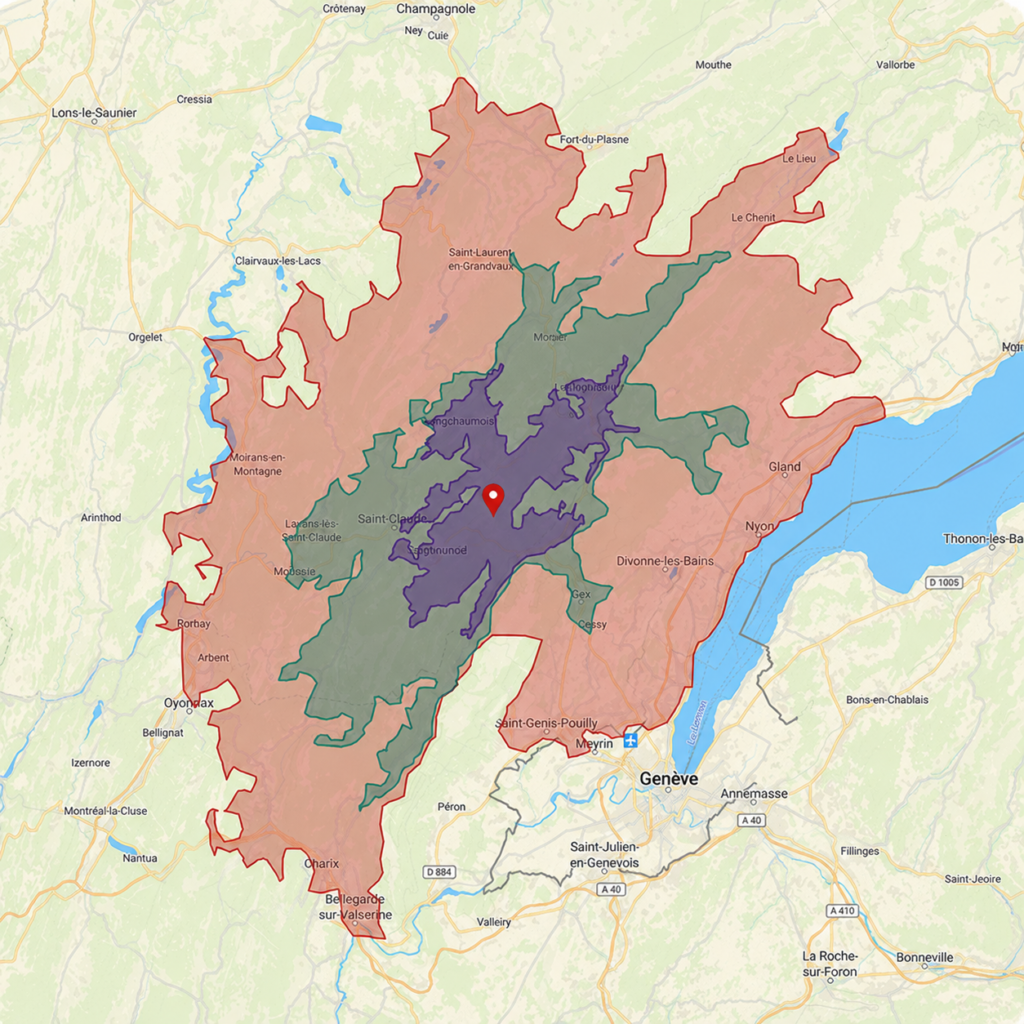 Carte de la région Haut Jura avec les différentes zones de tarification colorées